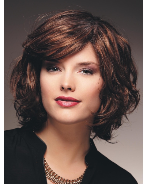 Fabulous New Design  Auburn Shoulder Length Wavy With Bangs Capless Synthetic Women Wigs