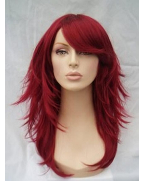 Amazing Red Wavy Shoulder Length Capless Human Hair Women Wigs