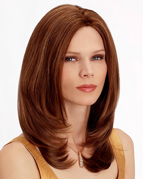 Amazing Auburn Wavy Without Bangs Shoulder Length Monofilament Synthetic Women Wigs