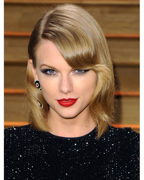 Beautiful Blonde Shoulder Length Wavy  With Bangs Taylor Swift Inspired Synthetic  Women Wigs