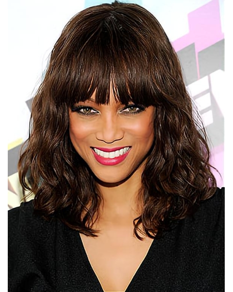 Beautiful Mid-length Wavy Cut With Bangs Capless Human Hair Tyra Banks Wig 