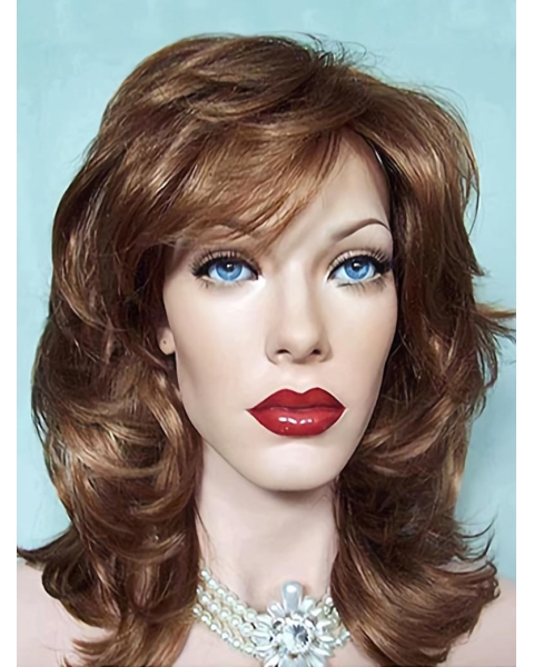 Easy Medium Wavy With Bangs Lace Front Synthetic Women Wigs