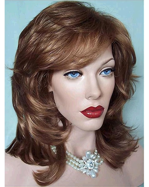 Easy Medium Wavy With Bangs Lace Front Synthetic Women Wigs