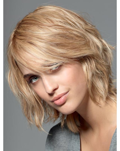 Amazing Blonde Shoulder Length Wavy With Bangs Monofilament Synthetic Women Wigs